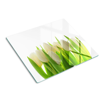 Planche à découper verre Tulipes sur fond de feuilles vertes