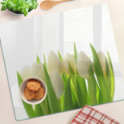 Planche à découper verre Tulipes sur fond de feuilles vertes