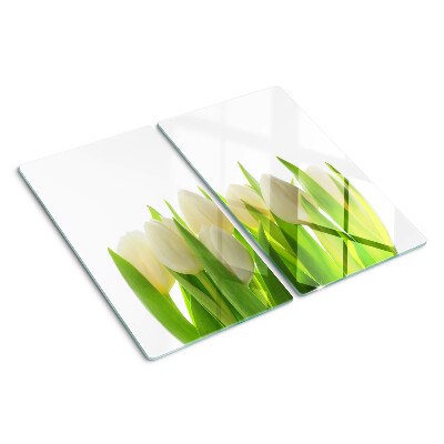 Planche à découper verre Tulipes sur fond de feuilles vertes