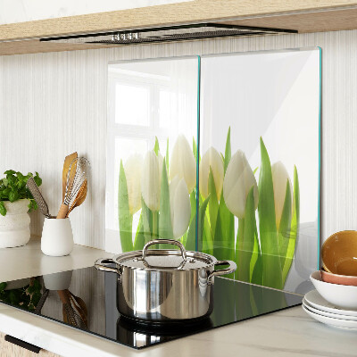 Planche à découper verre Tulipes sur fond de feuilles vertes