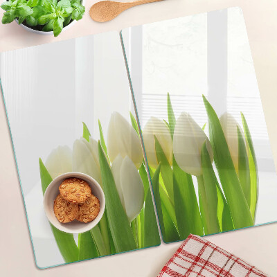 Planche à découper verre Tulipes sur fond de feuilles vertes