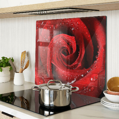Planche à découper en verre Rose rouge avec des gouttes d'eau
