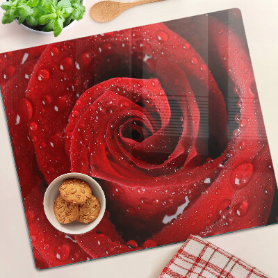 Planche à découper en verre Rose rouge avec des gouttes d'eau
