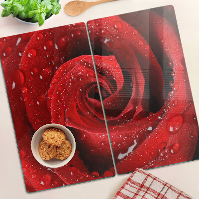 Planche à découper en verre Rose rouge avec des gouttes d'eau