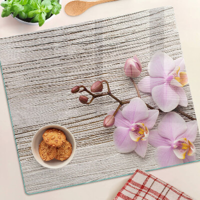 Planche à découper verre Orchidées sur fond de bois