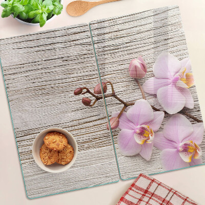 Planche à découper verre Orchidées sur fond de bois