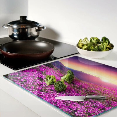 Planche à découper en verre Paysage fleuri au coucher du soleil
