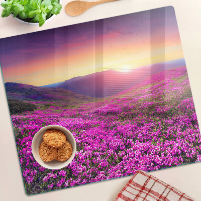 Planche à découper en verre Paysage fleuri au coucher du soleil