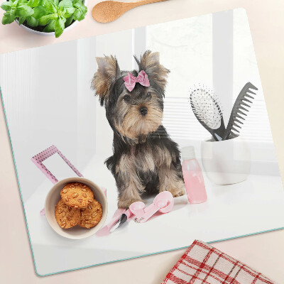 Planche à découper verre Yorkshire Terrier avec accessoires de toilettage