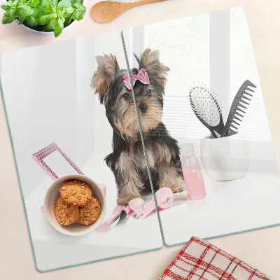 Planche à découper verre Yorkshire Terrier avec accessoires de toilettage