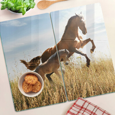 Planche à découper en verre Chevaux dans un pré au soleil