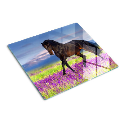 Planche à découper en verre Cheval sur fond de fleurs violettes
