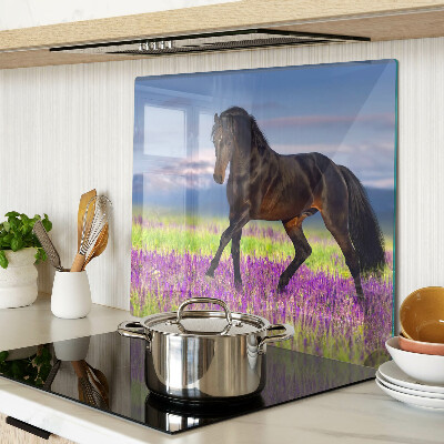 Planche à découper en verre Cheval sur fond de fleurs violettes