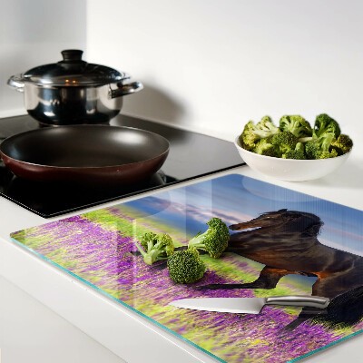 Planche à découper en verre Cheval sur fond de fleurs violettes