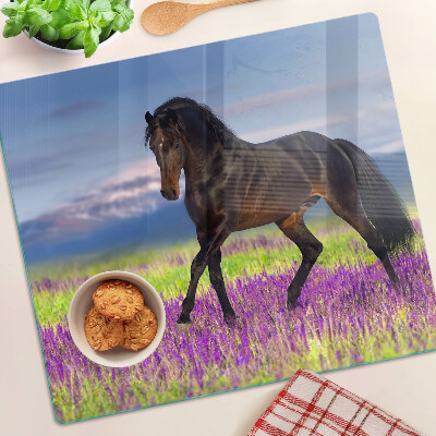 Planche à découper en verre Cheval sur fond de fleurs violettes