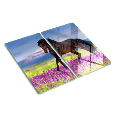 Planche à découper en verre Cheval sur fond de fleurs violettes