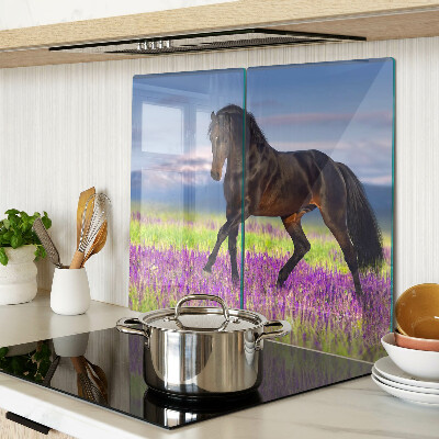 Planche à découper en verre Cheval sur fond de fleurs violettes