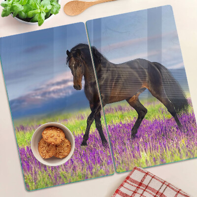 Planche à découper en verre Cheval sur fond de fleurs violettes
