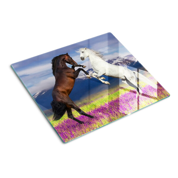 Planche à découper verre Chevaux sur fond de montagnes et de fleurs