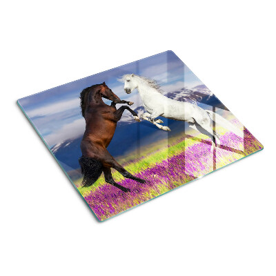 Planche à découper verre Chevaux sur fond de montagnes et de fleurs