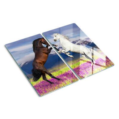 Planche à découper verre Chevaux sur fond de montagnes et de fleurs