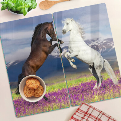 Planche à découper verre Chevaux sur fond de montagnes et de fleurs