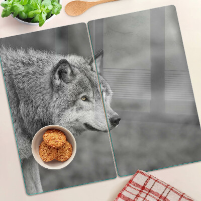Planche à découper en verre Loup en noir et blanc