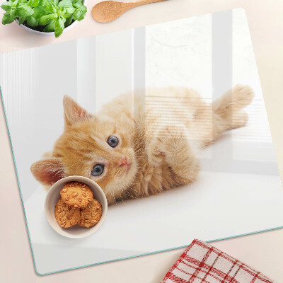 Planche à découper en verre Chaton roux sur fond blanc