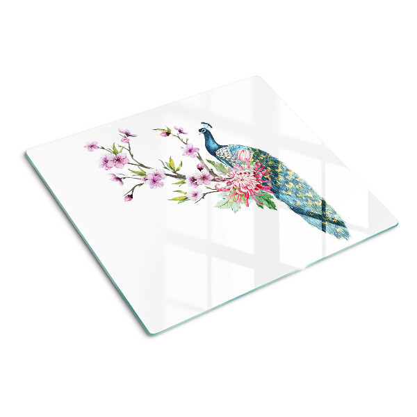 Planche à découper en verre Paon avec des fleurs