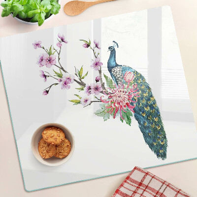Planche à découper en verre Paon avec des fleurs