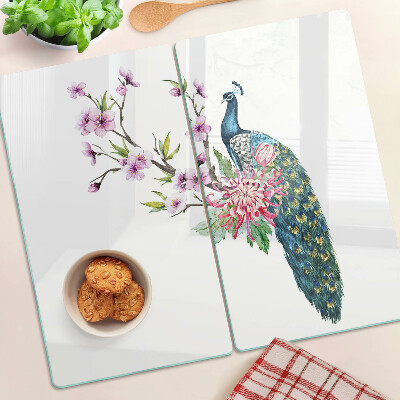 Planche à découper en verre Paon avec des fleurs