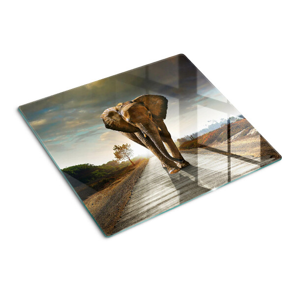 Planche à découper en verre Éléphant sur la route au coucher du soleil