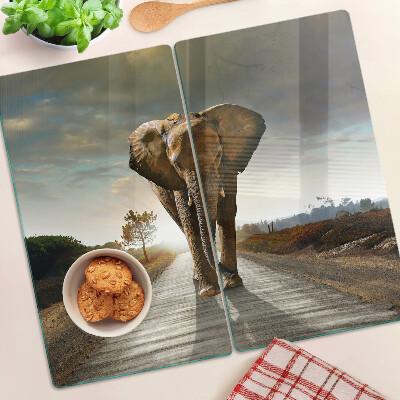 Planche à découper en verre Éléphant sur la route au coucher du soleil