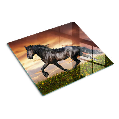 Planche à découper en verre Un cheval sur fond de soleil couchant