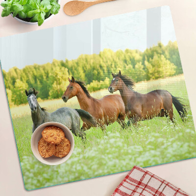 Planche à découper verre Une rencontre de chevaux dans le champ