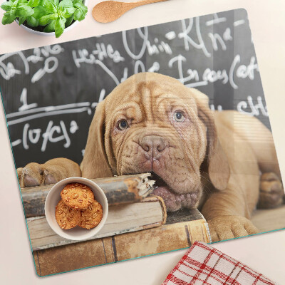 Planche à découper en verre Chien avec des livres et un tableau noir
