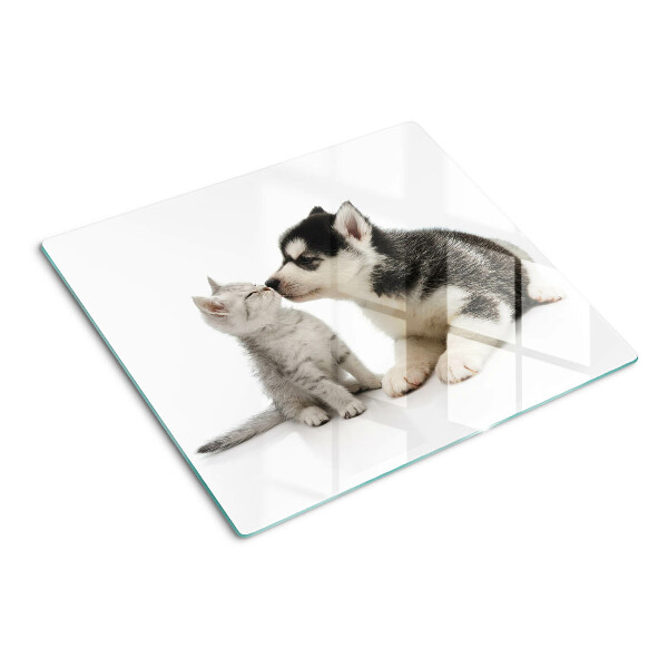 Planche à découper en verre Chaton et chiot en amitié