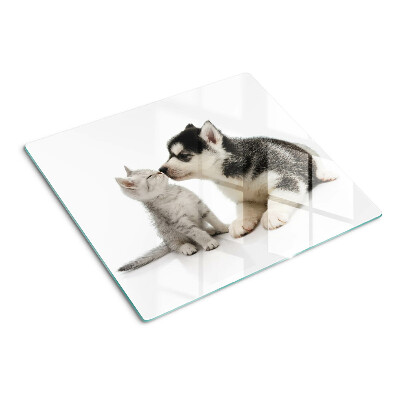 Planche à découper en verre Chaton et chiot en amitié