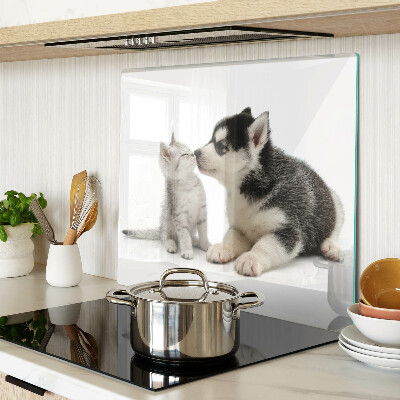 Planche à découper en verre Chaton et chiot en amitié