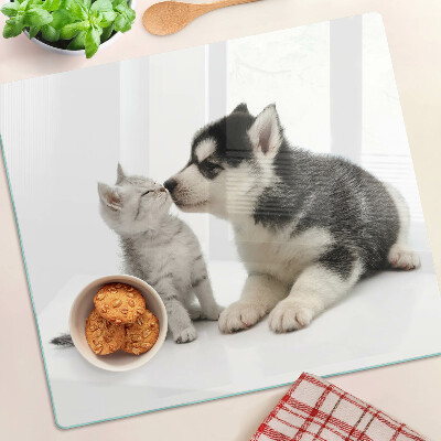 Planche à découper en verre Chaton et chiot en amitié