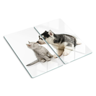 Planche à découper en verre Chaton et chiot en amitié