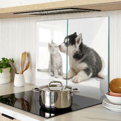 Planche à découper en verre Chaton et chiot en amitié