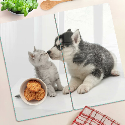 Planche à découper en verre Chaton et chiot en amitié