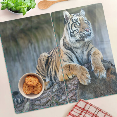 Planche à découper en verre Tigre sur un tronc d'arbre