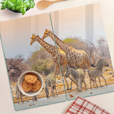 Planche à découper verre Zèbre et girafe dans leur habitat naturel