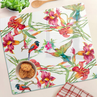 Planche à découper verre Fleurs et oiseaux exotiques