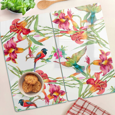 Planche à découper verre Fleurs et oiseaux exotiques