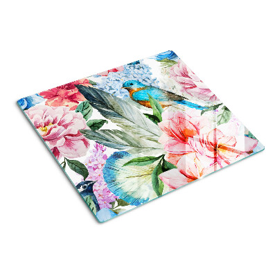 Planche à découper verre Fleurs et oiseaux à l'aquarelle