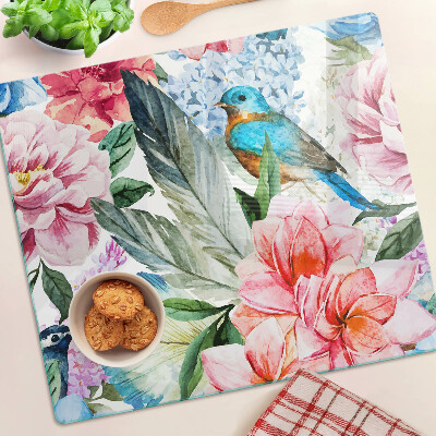 Planche à découper verre Fleurs et oiseaux à l'aquarelle