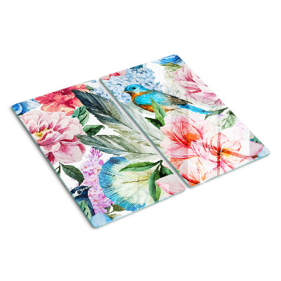 Planche à découper verre Fleurs et oiseaux à l'aquarelle